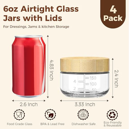 6oz Glass Jars with Airtight Lids - 4 Pack Overnight Oats Containers with Bamboo Lids, Small Food Containers with Measurement for Yogurt, Salad, Chia, Wide Mouth Mason Jar with Lid for Food Storage - color: 6oz - 4 Pack