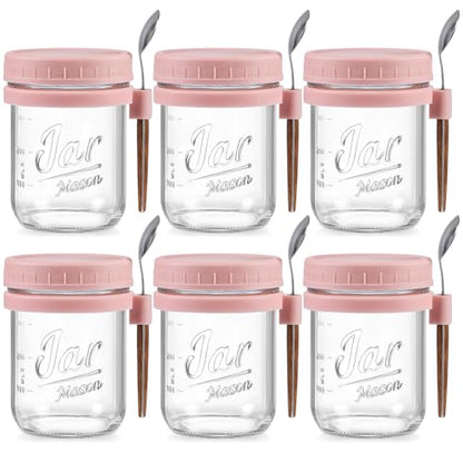 6 Pack Overnight Oats Containers with Lids and Spoons, 16 oz Glass Mason Overnight Oats Jars, Large Capacity Airtight Jars for Milk, Cereal, Fruit(Pink) - color: Pink