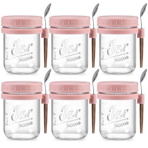 6 Pack Overnight Oats Containers with Lids and Spoons, 16 oz Glass Mason Overnight Oats Jars, Large Capacity Airtight Jars for Milk, Cereal, Fruit(Pink) - color: Pink