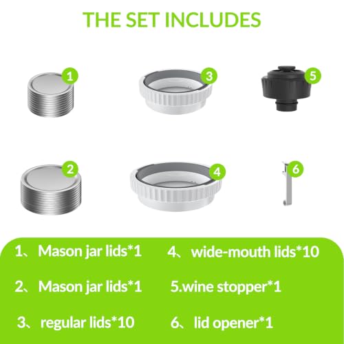 Mason Jar Vacuum Sealer Kit with 2 Sealers, 20 Reusable Lids (Wide & Regular Mouth), Wine Vacuum Stopper & Opener, Food Storage System for Meal Prep, Pantry, Without Mason Jar - size: Mason Jar Vacuum Sealer Kit