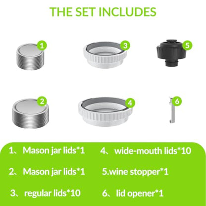 Mason Jar Vacuum Sealer Kit with 2 Sealers, 20 Reusable Lids (Wide & Regular Mouth), Wine Vacuum Stopper & Opener, Food Storage System for Meal Prep, Pantry, Without Mason Jar - size: Mason Jar Vacuum Sealer Kit