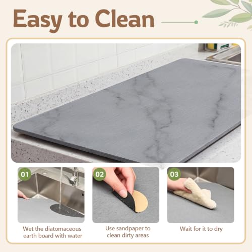1 Pcs 32" x 18" Extra Large Stone Dish Drying Mat for Kitchen Counter Marble Diatomaceous Earth Mat with Wooden Feet Absorbent Quick Dry for Pot Dishes Bottles Cups Bottles Tableware