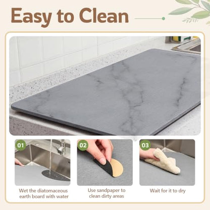 1 Pcs 32" x 18" Extra Large Stone Dish Drying Mat for Kitchen Counter Marble Diatomaceous Earth Mat with Wooden Feet Absorbent Quick Dry for Pot Dishes Bottles Cups Bottles Tableware