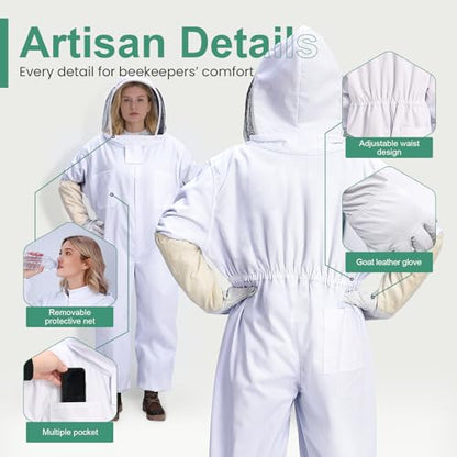 Beekeeping Suit for Men & Women – Full Body Sting Resistant Bee Suit with Detachable Veil, Breathable Cotton Blend & Goatskin Gloves for Beekeeping and Honey Harvesting (XL-5'7"-5'11") - size: XL for 5'7"-5'11"