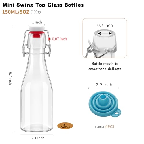 3Pcs 5oz Clear Beer Bottles Flip Top Round Glass Bottles with Leak Proof Easy Caps, 150ML Vinegar Kombucha Bottle for Wedding Themed Baby Shower Christmas Gifts (5oz - 3 Pack)