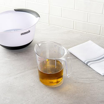 Restaurantware RW Base 1 Quart Measuring Jar 1 Durable Measuring Beaker - Metric And Imperial Units V-Shaped Spout Clear Plastic Measuring Cup Handle With Thumb-Grip Tolerates Up To 248F - color: Clear, size: 6.50" × 4.75" × 6.00"