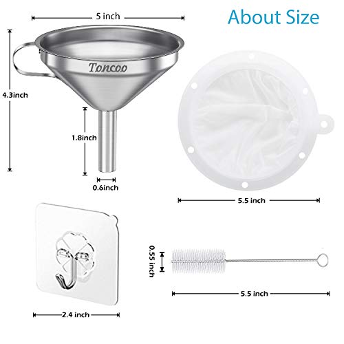 Toncoo 5-Inch Premium Stainless Steel Funnel with 200 Mesh Food Strainer, Kitchen Funnel for Bottles