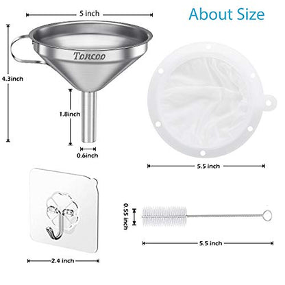 Toncoo 5-Inch Premium Stainless Steel Funnel with 200 Mesh Food Strainer, Kitchen Funnel for Bottles
