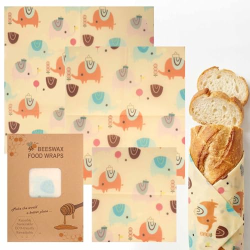 Beeswax Wraps for Food, Elephant 3 Pack (S, M, L) Reusable Food Wraps, Bread Sandwich Wrap, Zero Waste, Organic, Plastic-Free Food Storage Wrap - color: Elephant
