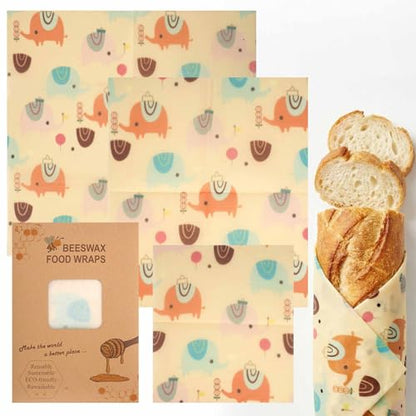 Beeswax Wraps for Food, Elephant 3 Pack (S, M, L) Reusable Food Wraps, Bread Sandwich Wrap, Zero Waste, Organic, Plastic-Free Food Storage Wrap - color: Elephant