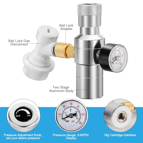 Ball Lock Keg Tap and Mini Co2 Regulator Set, Stainless Steel Self-Closing Ball Lock Beer Faucet & 0-60PSI Mini Beer Keg Charger Regulator Kit with Ball Lock Disconnect for Corny Keg Party