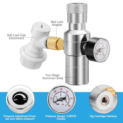 Ball Lock Keg Tap and Mini Co2 Regulator Set, Stainless Steel Self-Closing Ball Lock Beer Faucet & 0-60PSI Mini Beer Keg Charger Regulator Kit with Ball Lock Disconnect for Corny Keg Party