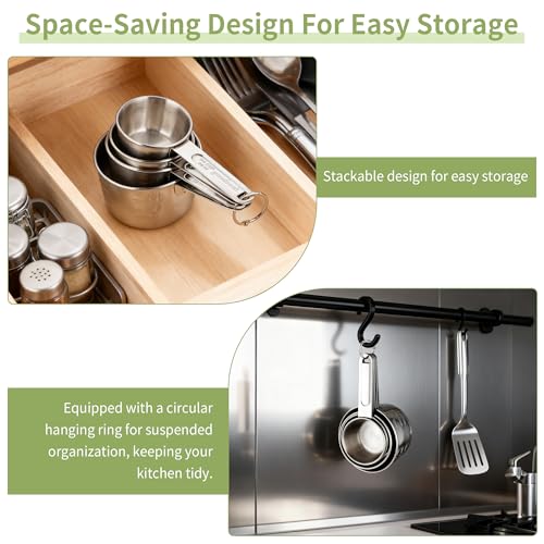 -BINGBING- Measuring Cups of 4, Stainless Steel Measuring Cups, Stackable | Stainless Steel Cups with Metal Handle for Dry and Liquid Ingredients, Ideal for Cooking & Baking