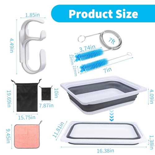 Upgraded CPAP Cleaning Kit, 7 ft Tube CPAP Cleaner Brushes for 15mm, 20mm and 22mm Hoses, CPAP Cleaning Supplies for Hose and Mask, Includes Collapsible Wash Basin, Hose Holder Hangers & Clips