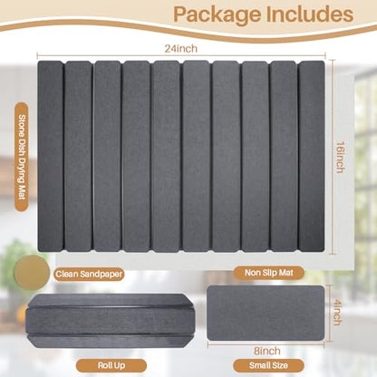 2 PCS Quick Dry Stone Dishes Mats for Kitchen Counter,Collapsible Quick Drying Dish Mats,Ultra Absorbent Diatomaceous Earth Mats for Dishes Bottles Cups, Match Any Countertop（Dark Gray 24"×16"& 8"x4"）