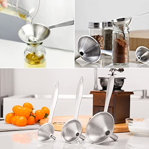 Small Funnels for Filling Bottles, 3 Pcs Stainless Steel Kitchen Funnel Set, Food Grade Mini Metal Funnel for Transferring Oil Liquid, Easy Cleaning with a Brush (Long Handle) - size: long handle