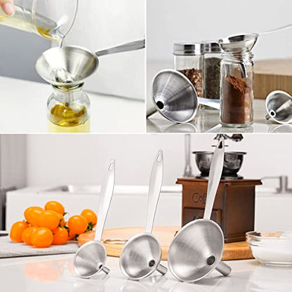 Small Funnels for Filling Bottles, 3 Pcs Stainless Steel Kitchen Funnel Set, Food Grade Mini Metal Funnel for Transferring Oil Liquid, Easy Cleaning with a Brush (Long Handle) - size: long handle