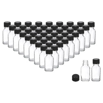PATIKIL 0.5oz(15ml) Glass Sample Bottles, 48Pcs Round Bottle Dispensing Bottle with Black Poly Cone Cap for Reagent Liquids, Juice, Perfume Hot Sauce Ginger Shots, Transparent - color: Clear,Black, size: 0.5 fl oz
