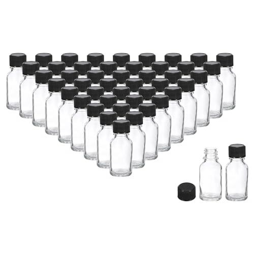 PATIKIL 0.5oz(15ml) Glass Sample Bottles, 48Pcs Round Bottle Dispensing Bottle with Black Poly Cone Cap for Reagent Liquids, Juice, Perfume Hot Sauce Ginger Shots, Transparent - color: Clear,Black, size: 0.5 fl oz