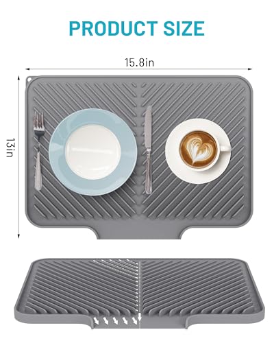 Dish Drying Mat Kitchen Counter - Silicone Dish Drying Pad with Built-in Drain for Sink, Refrigerator and Drawer liner, Easy Clean, Non-Slip, Heat Resistant, 15.8" x 13"