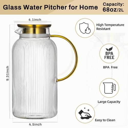 Buaic 2 PACK Glass Pitcher with Lid, 68 oz/ 2L Classic Vertical Stripes Water Pitcher with Handle,Glass Water Carafe for Cold Brew, Coffee, Lemonade, Iced Sun Tea,Beverage,Heat Resistant - color: Clear, size: 2L-2 PACK