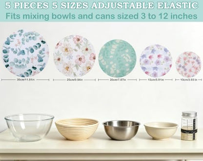 5Pcs Reusable Beeswax Elastic Bowl Covers for Bread Proofing and Food Cover | Cotton Cloth Flexible Beeswax Wraps for Sourdough Cover and Food Storage Shower Caps r Sourdough Bread Supplies Tools - color: Eucalyptus Leaves