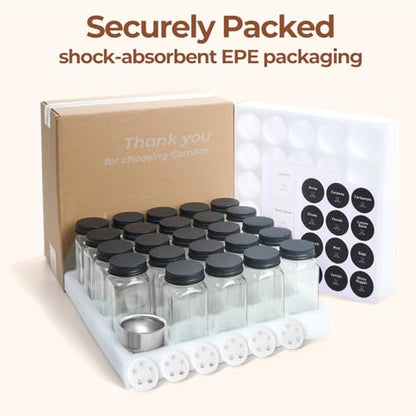 ComSaf Glass Spice Jars with with Labels 4 oz 24 Pack Small Square Bulk Set | Empty Containers, Seasoning Herb Powder, Salt Pepper Chili, Spice Rack Organization, Kitchen Cabinet Storage, Funnel Included - color: Metal Black Lids