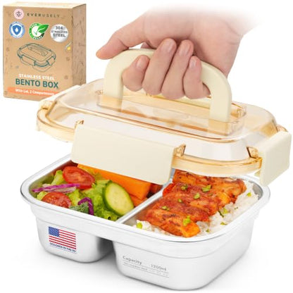 Everusely - Large Stainless Steel Bento Box + Snap Lock Lid - 2 Compartments, 40.5 oz - Hot Food Metal Lunch Box - Leakproof Divided Meal Storage Container- Microwave, Oven, Refrigerator Safe - size: 1200mL