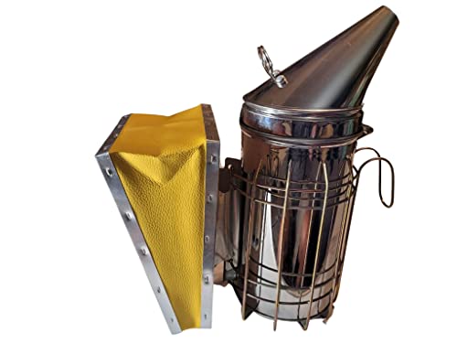 BEEWELL Stainless Steel Honey Colored Bee Hive Smoker with Full Heat Shield, Hook for Hanging and Riveted Top Opener for Safe and Easy Use! Plus 1 Year Warranty! Beekeeping Equipment BEEWELL