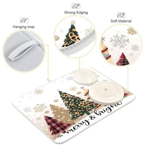 Christmas Tree Golden Dish Drying Mat for Kitchen Countertop 16x18 Winter Snowflake White Xmas Small Drying Mat Reusable Quick Dry Dish Sink Mats Easy Clean Decorative Essentials - size: 16x18(in)x1