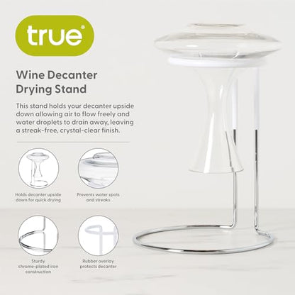 True Wine Decanter Drying Stand and Holder, Essential Accessory Glassware Rack for a Spot-Free Finish, Rubber Coating Protects Glass, Chrome Plated Iron - style: Classic