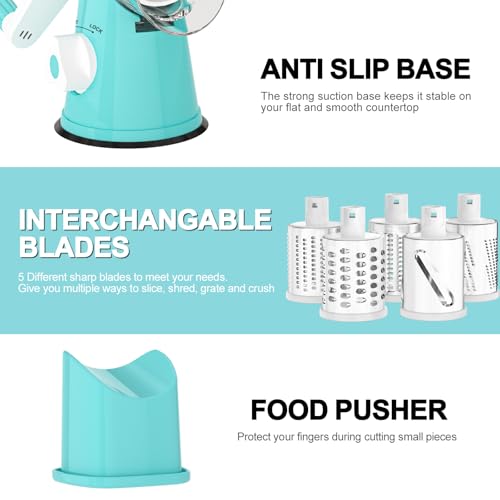 Cambom Rotary Cheese Grater Hand Crank Cheese Shredder for Fresh Cheese, Vegetable, Nuts,Non-slip Suction Base, Five Blades, Blue - color: Blue, size: 5 BLADES