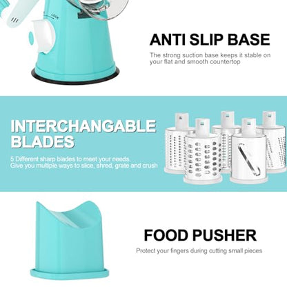 Cambom Rotary Cheese Grater Hand Crank Cheese Shredder for Fresh Cheese, Vegetable, Nuts,Non-slip Suction Base, Five Blades, Blue - color: Blue, size: 5 BLADES