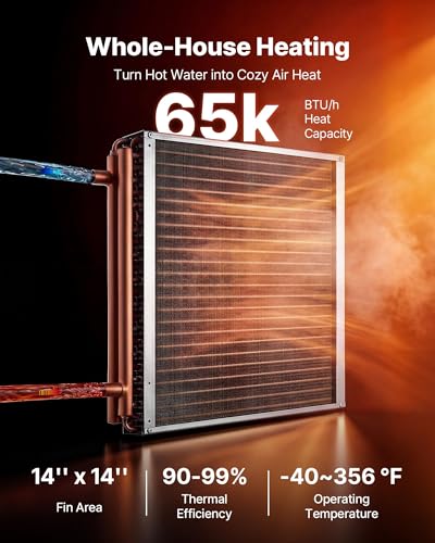 VEVOR Water to Air Heat Exchanger, 14 x 14 in Finned Tube HVAC Heat Exchanger Coil with Copper Tubes & Aluminum Fins, 65K BTU Output for Outdoor Wood Furnace, Hydronic Heating & Cooling Systems