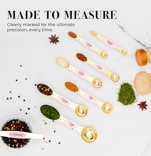 Pink Magnetic Measuring Spoons Set - 8-Piece Dual-Sided Stainless Steel Spoons, Stackable and Spice Jar Friendly – Stylish Pink Kitchen Accessories for Cooking and Baking - color: Pink & Champagne Gold