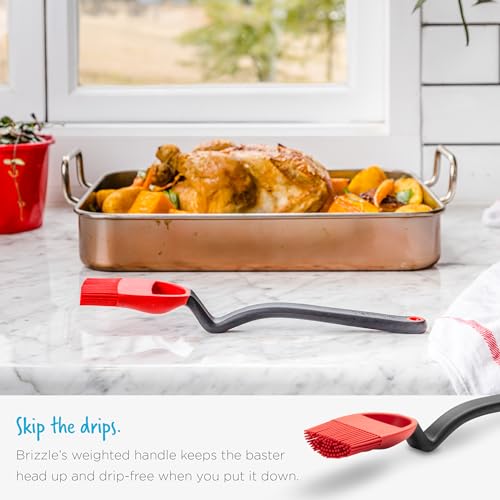 Dreamfarm Brizzle 3-In-1 Flexible Silicone Sit-Up Basting, Drizzle, Scooping Brush with In-Built Sauce Resevoir - Red | Sit-up, mess-free BBQ and pastry brush, flexible bristles, scoop and drizzle baster, holds 1 tbsp of liquid - color: Red