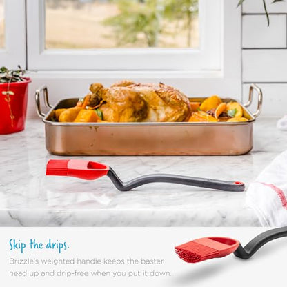 Dreamfarm Brizzle 3-In-1 Flexible Silicone Sit-Up Basting, Drizzle, Scooping Brush with In-Built Sauce Resevoir - Red | Sit-up, mess-free BBQ and pastry brush, flexible bristles, scoop and drizzle baster, holds 1 tbsp of liquid - color: Red