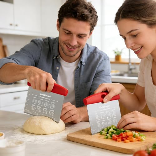 Ourokhome 2 Pack Bench Scraper Dough Cutter, Stainless Steel Dough Scraper with Laser-Etched Scale, Conversion Chart, Non-Slip Handle, Dishwasher Safe for Bread & Pastry, Red - color: Red