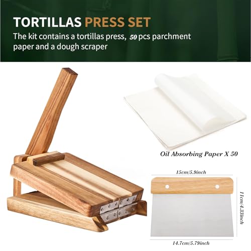 Wooden Tortilla Press with 50pcs Parchment Paper & Stainless Steel Dough Scraper, Large Mexican Square Flour Tortillera Presser Homemade for Tortillas Roti Burrito, Tacos, Pataconera, 8 inch