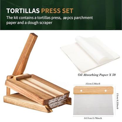 Wooden Tortilla Press with 50pcs Parchment Paper & Stainless Steel Dough Scraper, Large Mexican Square Flour Tortillera Presser Homemade for Tortillas Roti Burrito, Tacos, Pataconera, 8 inch