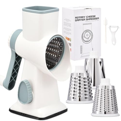 Rotary Cheese Grater with Handle Kitchen Shredder Slicer Grater Slicer Ice Shaver Cheese Vegetable Nuts Potato Zucchini Chocolate 3 Interchangeable Blades (WhiteBlue) - color: WhiteBlue