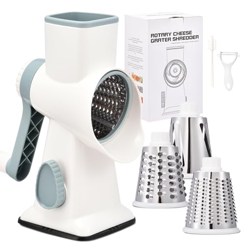 Rotary Cheese Grater with Handle Kitchen Shredder Slicer Grater Slicer Ice Shaver Cheese Vegetable Nuts Potato Zucchini Chocolate 3 Interchangeable Blades (WhiteBlue) - color: WhiteBlue