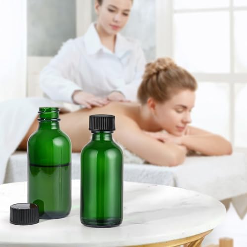 Small Glass Bottles with Lids Boston Round Shot Bottles for Health, Immunity, Ginger Juice, Essential Oils, Potion - Leak Proof Mini Travel Containers (Green UV, 2oz-48Pack) - color: Green UV, size: 2oz-48Pack