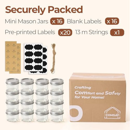 ComSaf 4 oz Mini Mason Jars Bulk Set, 16 Pack Glass Jars with Lids | BPA-Free Materials, Spice Rack, Small Jam, Honey Samples, Wedding Favors, DIY Candles, Labels and Twine - size: 4oz*16 regular mouth