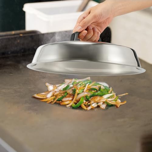 BBQ Accessories 12 Inch Round Stainless Steel Basting Cover - Cheese Melting Dome Round Cast Iron Grill Press Kit for Hamburger Bacon Steak, Best fits for Blackstone Camp Chef Flat Top Griddle Grill - color: Round Press