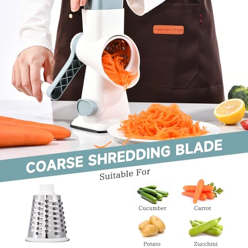 Rotary Cheese Grater with Handle Kitchen Shredder Slicer Grater Slicer Ice Shaver Cheese Vegetable Nuts Potato Zucchini Chocolate 3 Interchangeable Blades (WhiteBlue) - color: WhiteBlue