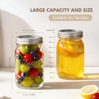 Mason Jars 32 oz,6 Pack Large Wide Mouth Mason Jar with Airtight Lids and Bands|Quart Glass Canning Jars for Pickling, Fermenting and Food Storage Microwave&Dishwasher Safe - size: 6pack