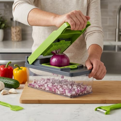 Vegetable Chopper with Container - 14-in-1 Onion Chopper, Food Chopper Dicer & Mandoline Slicer, Manual Veggie Cutter with 8 Stainless Steel Blades, Garlic Mincer, Cheese Grater, Egg Slicer & Hand Gua