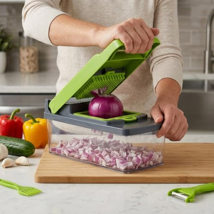 Vegetable Chopper with Container - 14-in-1 Onion Chopper, Food Chopper Dicer & Mandoline Slicer, Manual Veggie Cutter with 8 Stainless Steel Blades, Garlic Mincer, Cheese Grater, Egg Slicer & Hand Gua