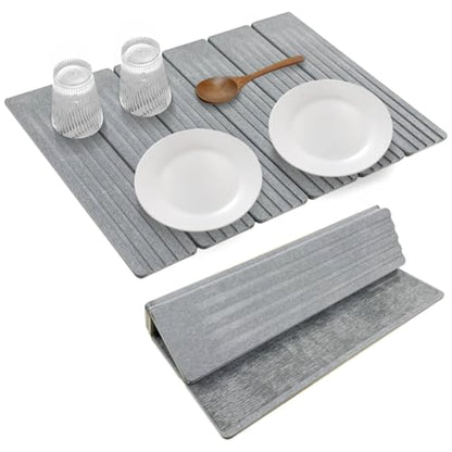 Large Stone Dish Drying Mat for Kitchen Counter, 23" × 15" Quick Dry Stone Mat, Collapsible Fast Absorbing Diatomaceous Earth Non-Slip Dish Drying Pad for Dishes & Cups (Medium Gray, 23" × 15") - color: Medium Gray